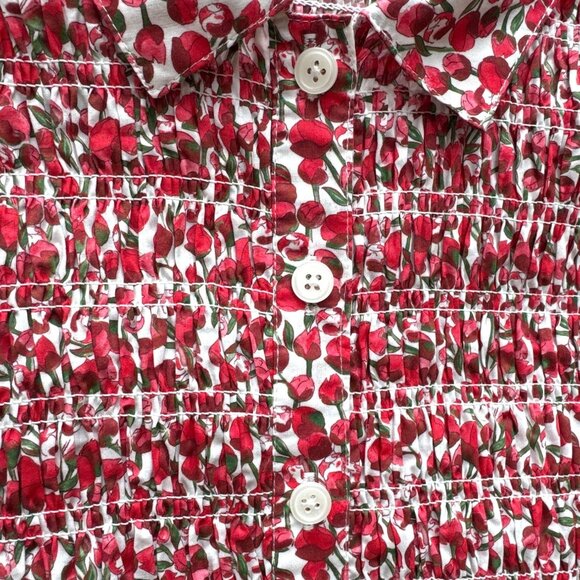 NWOT J.Crew Liberty Fabric Red White Floral Button-Up Smocked Short-Sleeve Shirt - Picture 4 of 7